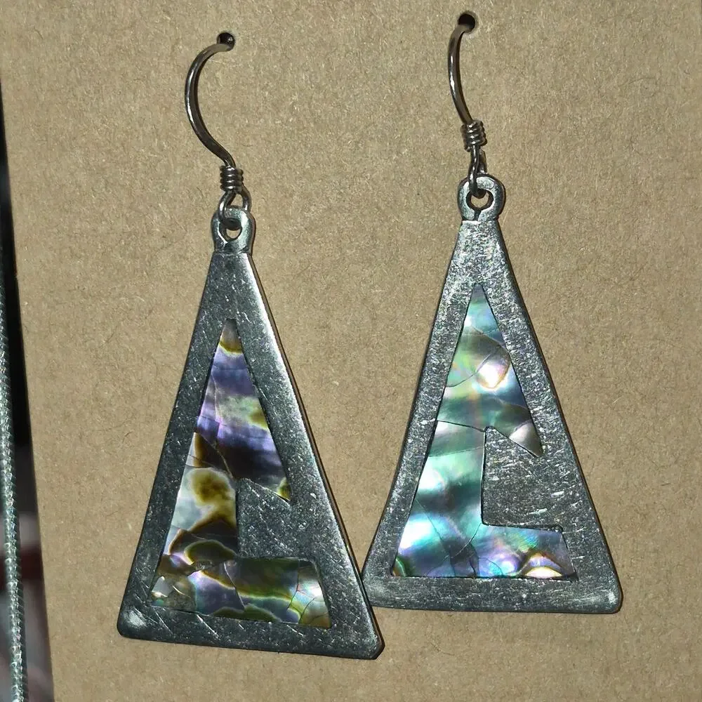 Vintage Taxco Mexican Silver Abalone Inlay Dangle Earrings Wire Hooks 7.8g
